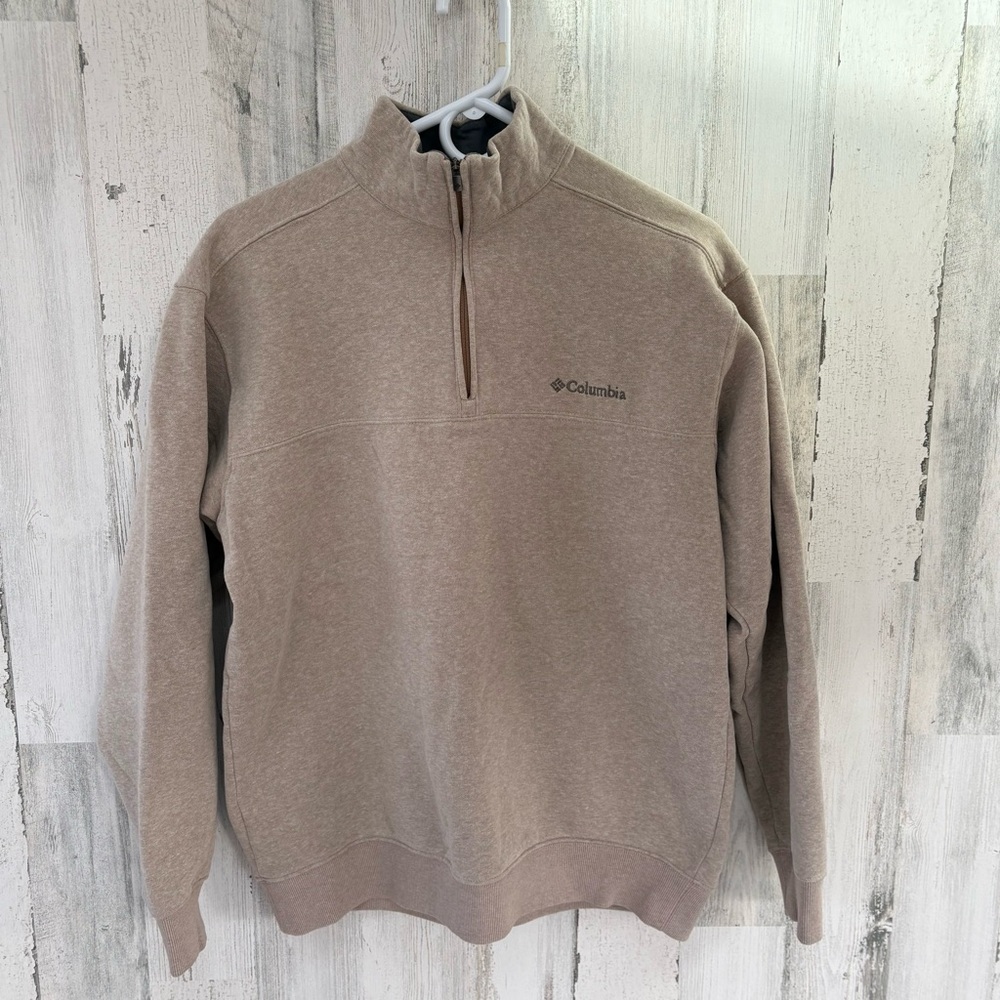 Columbia Men’s Size Large 1/4 Zip Sweater In Tan Ribbed Cuffs & Bottom Hem